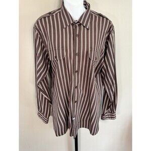 Oleg Cassini Button Up Dress Shirt Red/brown Striped Mens Size L VINTAGE